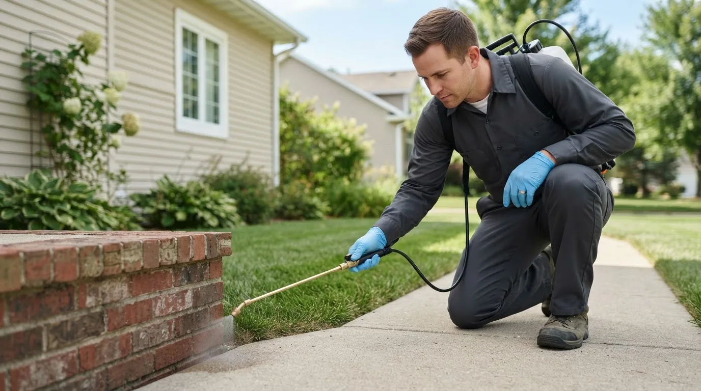Pest control technician treating a home near Ingalls, MI