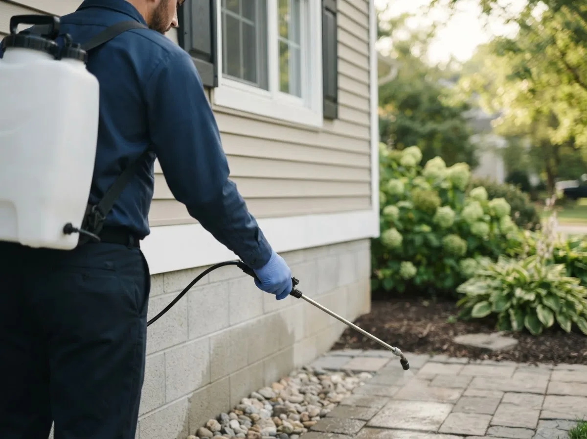 Pest control technician inspecting a home in Ingalls, MI